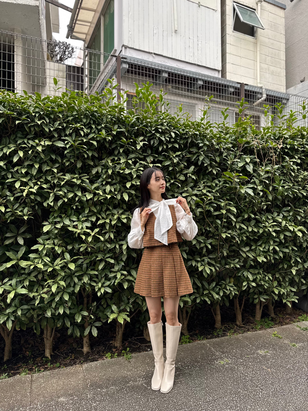 《夜のガーデナーさん》ハイウエストチェックプリーツスカート-Yellow
