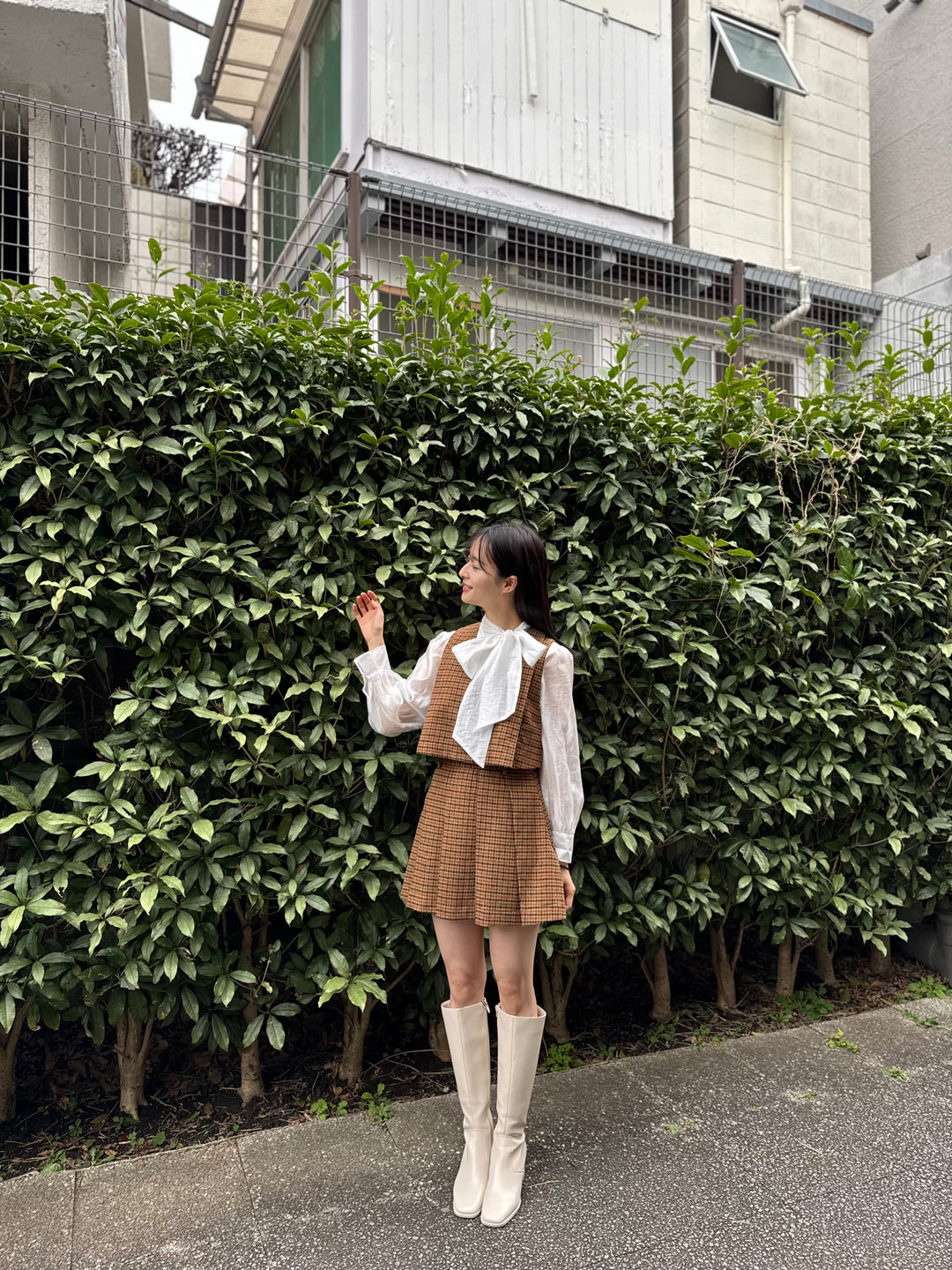 《夜のガーデナーさん》ハイウエストチェックプリーツスカート-Yellow