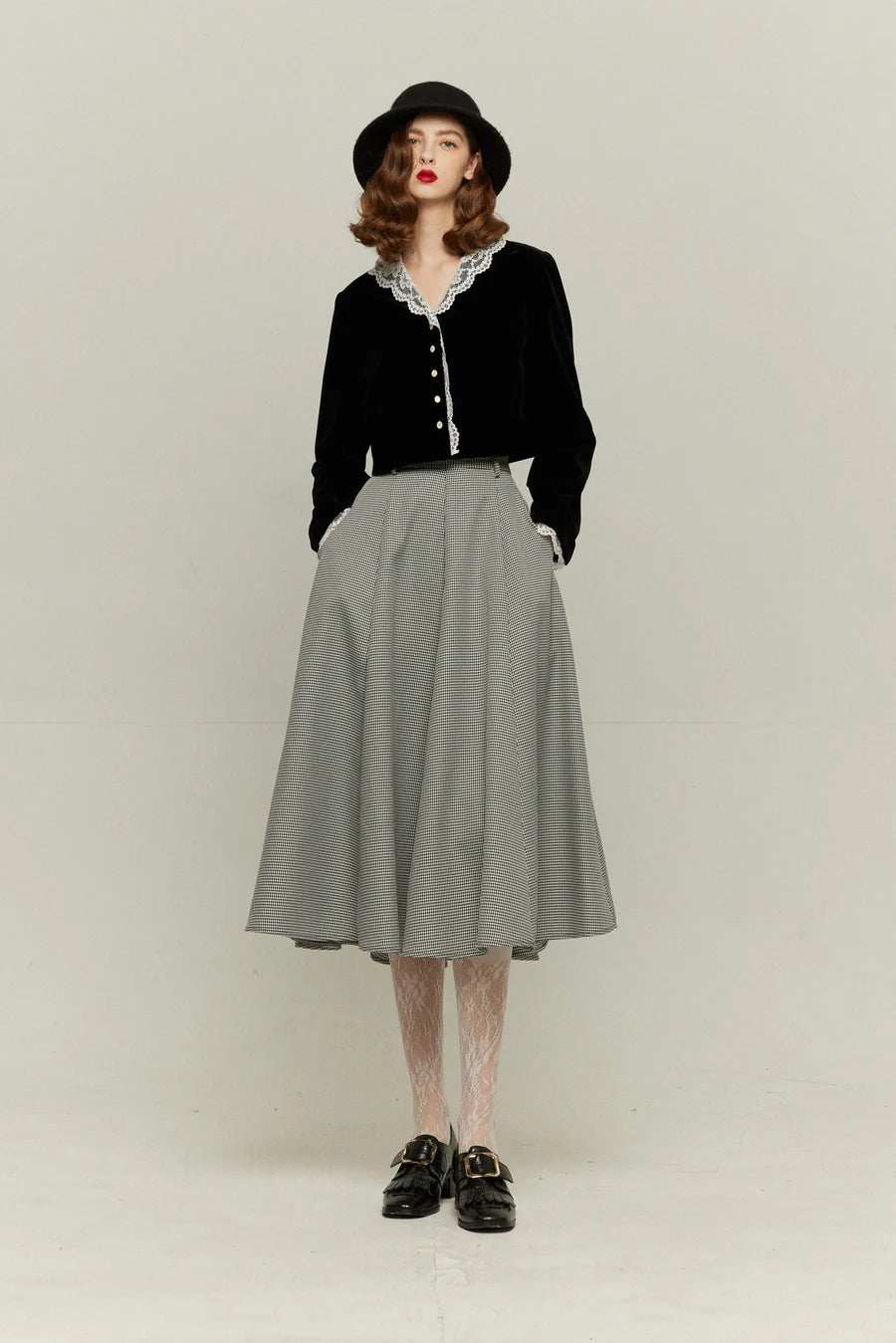 《つい一口食べちゃいました》ハイウエストサーキュラースカート-Houndstooth check