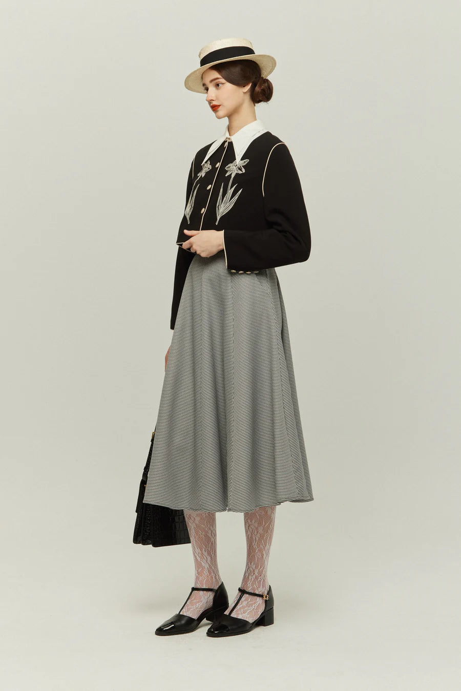 《つい一口食べちゃいました》ハイウエストサーキュラースカート-Houndstooth check