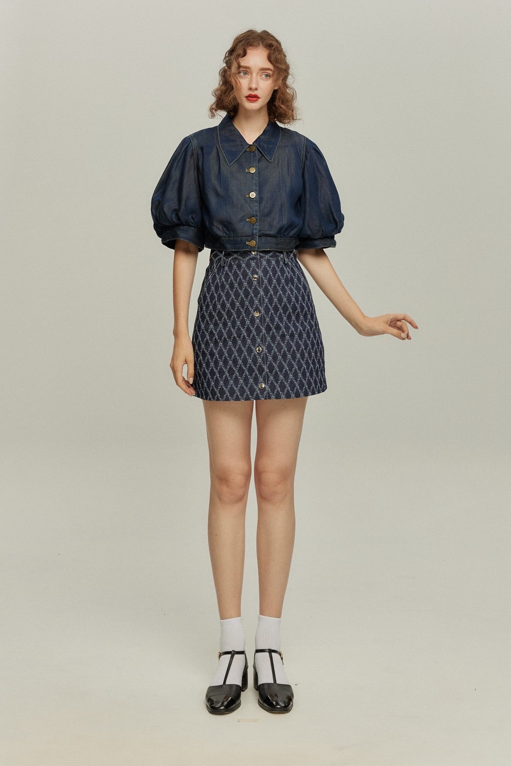《ナプキンの正しい折り方》格子柄デニムスカート-Navy