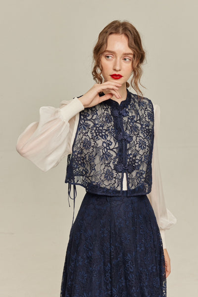 《100年も前からある》チャイナバックルスリーブレストップス-Navy