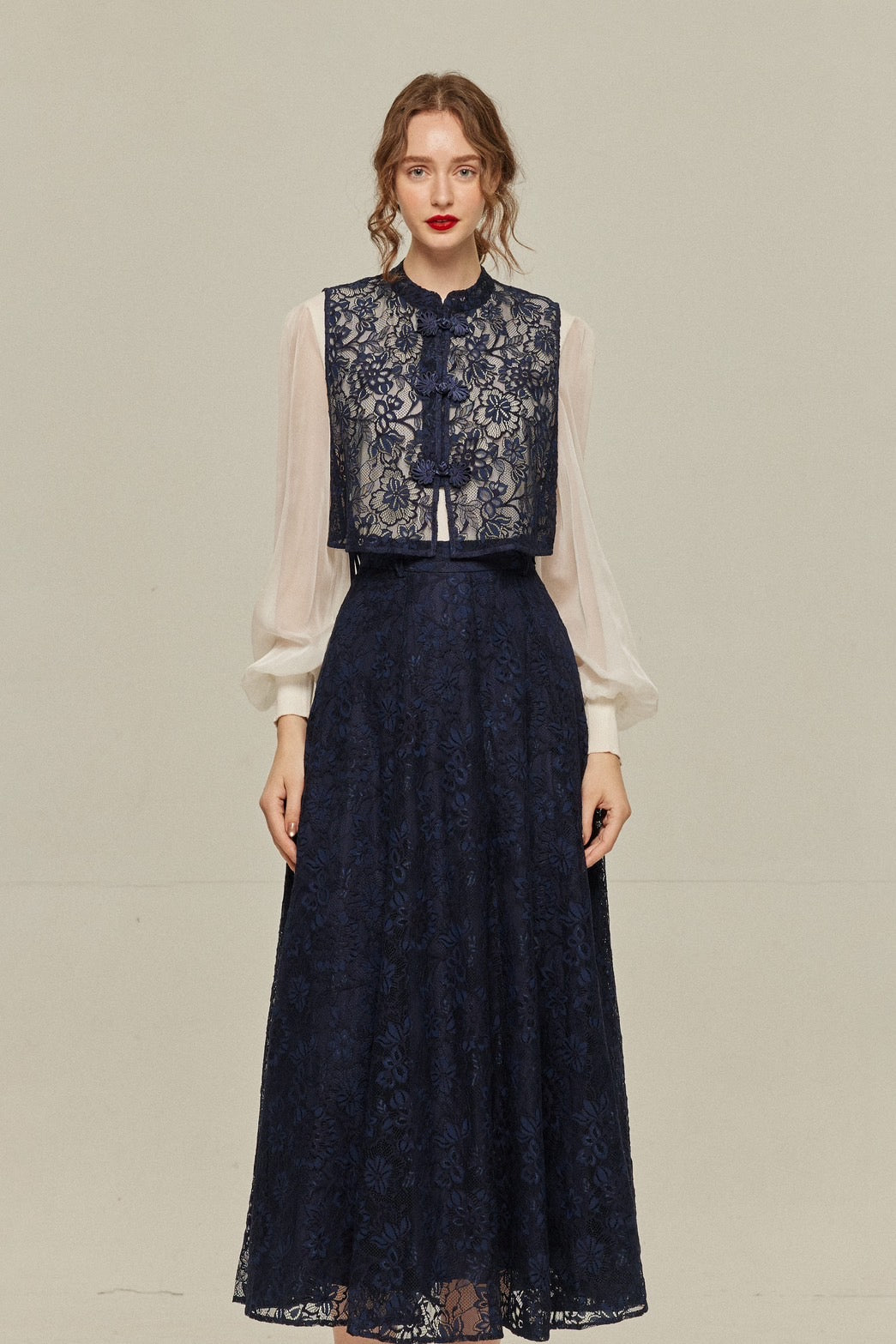 《100年も前からある》チャイナバックルスリーブレストップス-Navy