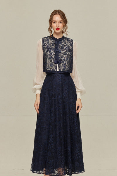 《100年も前からある》チャイナバックルスリーブレストップス-Navy