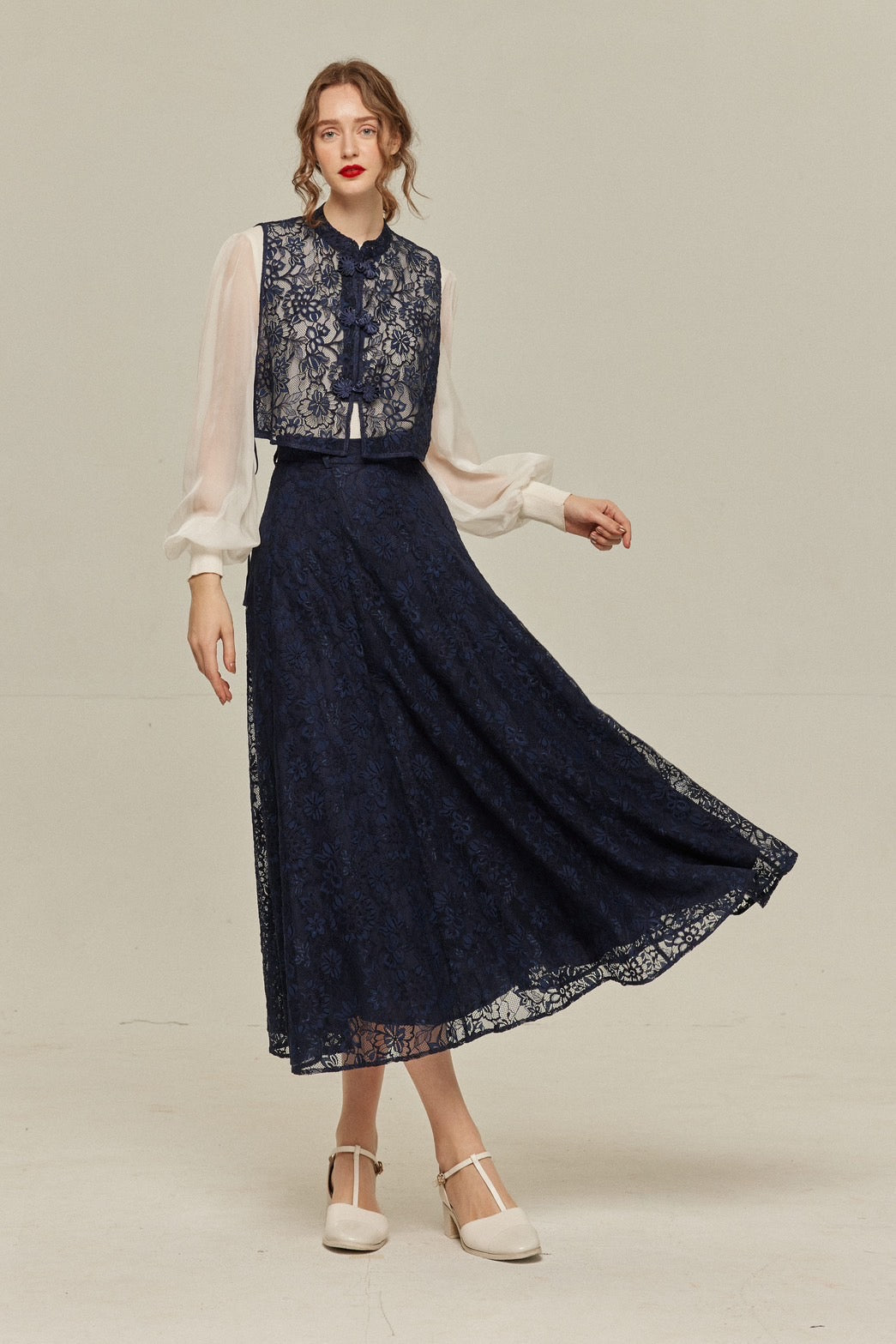 《100年も前からある》チャイナバックルスリーブレストップス-Navy