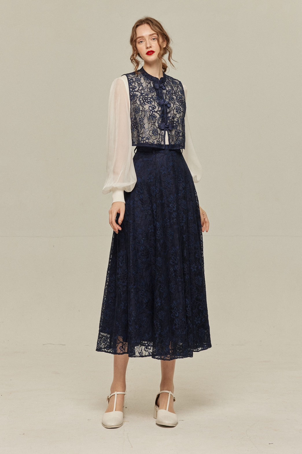 《100年も前からある》ハイウエストフレアレーススカート-Navy