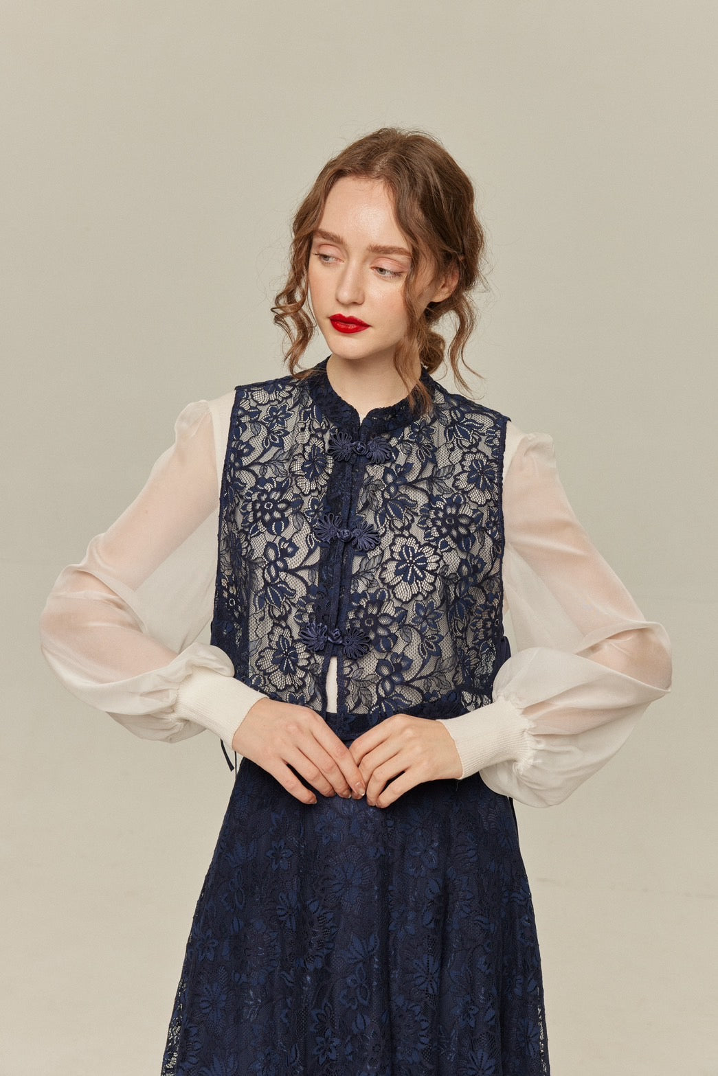 《100年も前からある》チャイナバックルスリーブレストップス-Navy