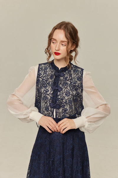 《100年も前からある》チャイナバックルスリーブレストップス-Navy