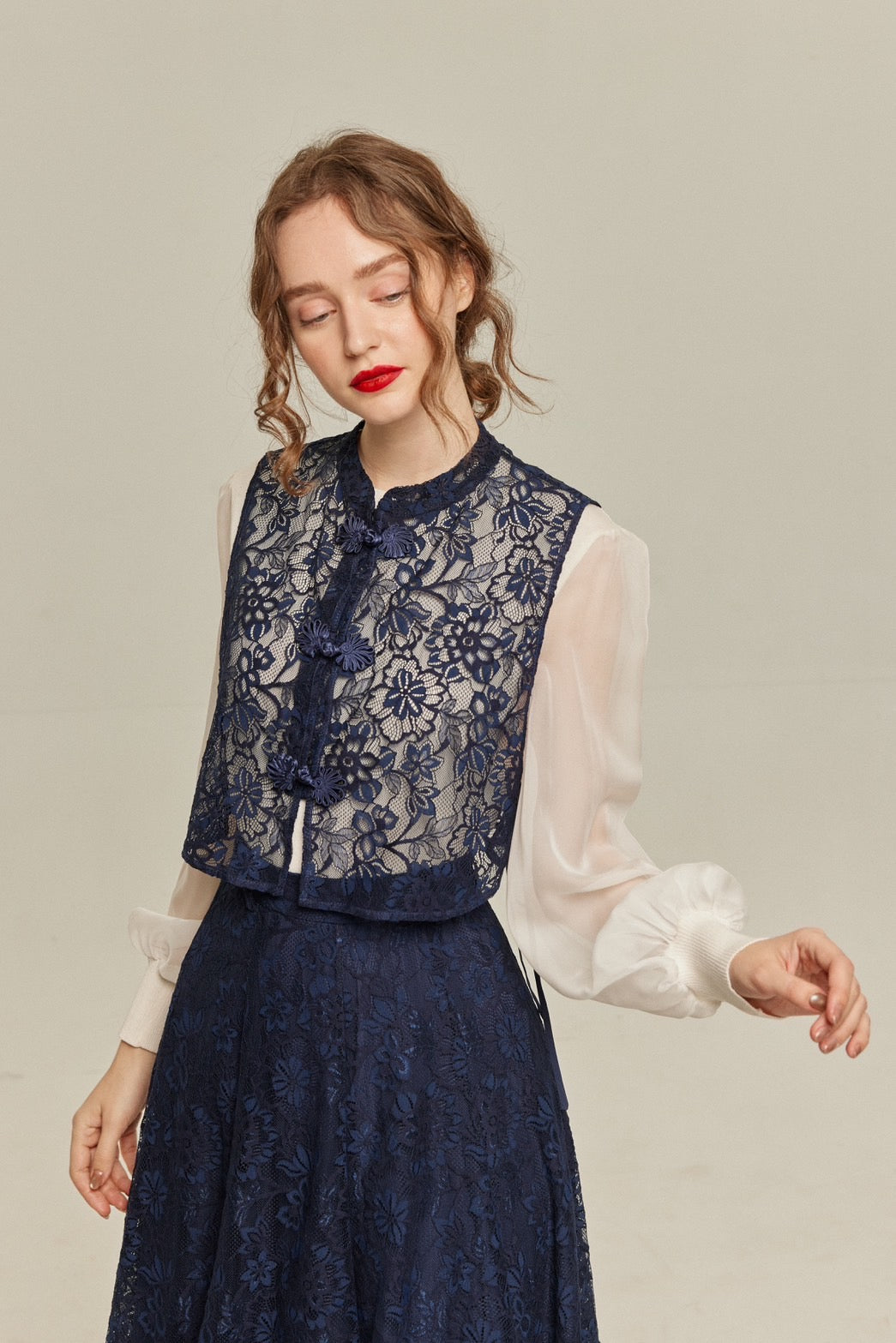 《100年も前からある》チャイナバックルスリーブレストップス-Navy