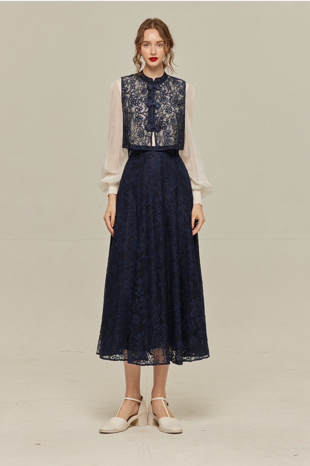 《100年も前からある》チャイナバックルスリーブレストップス-Navy