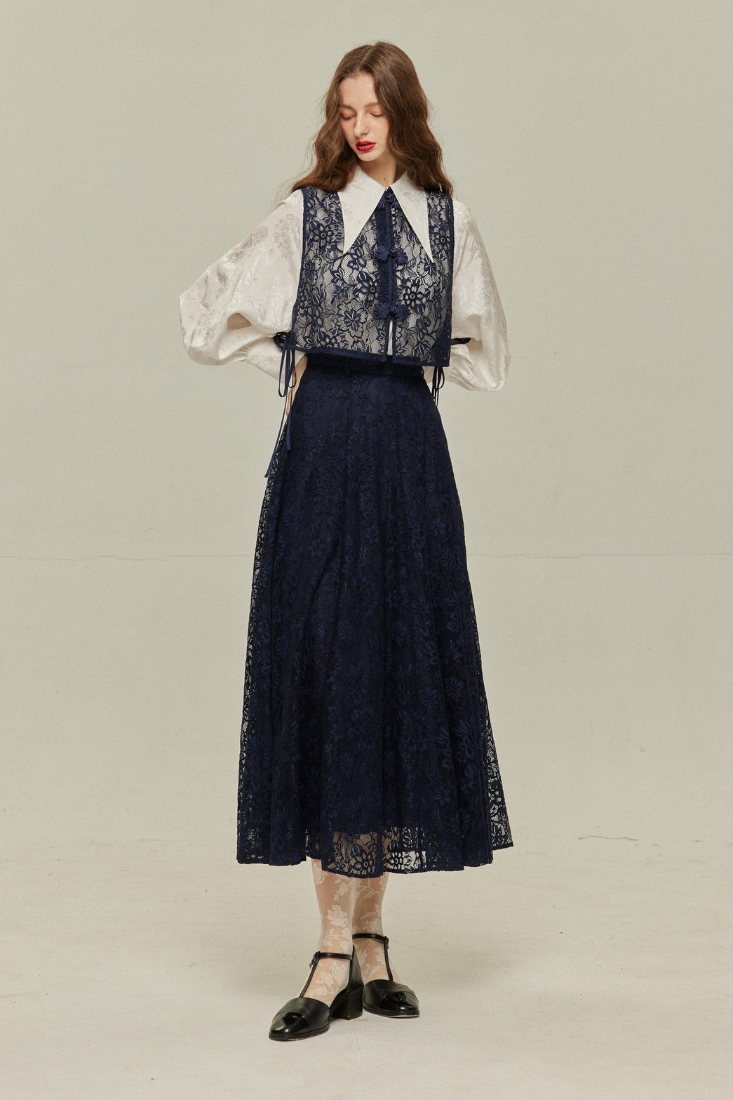 《100年も前からある》チャイナバックルスリーブレストップス-Navy