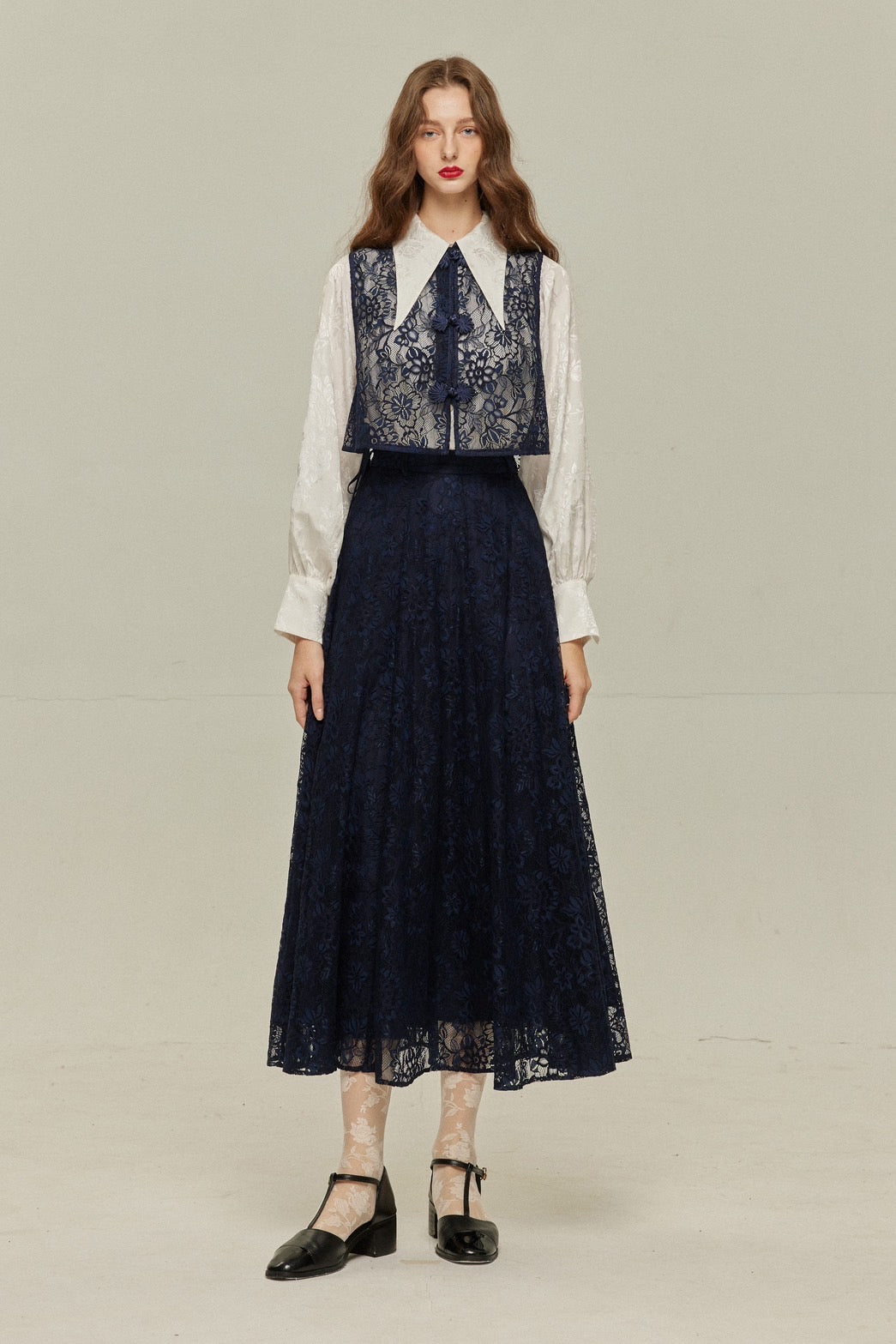 《100年も前からある》チャイナバックルスリーブレストップス-Navy