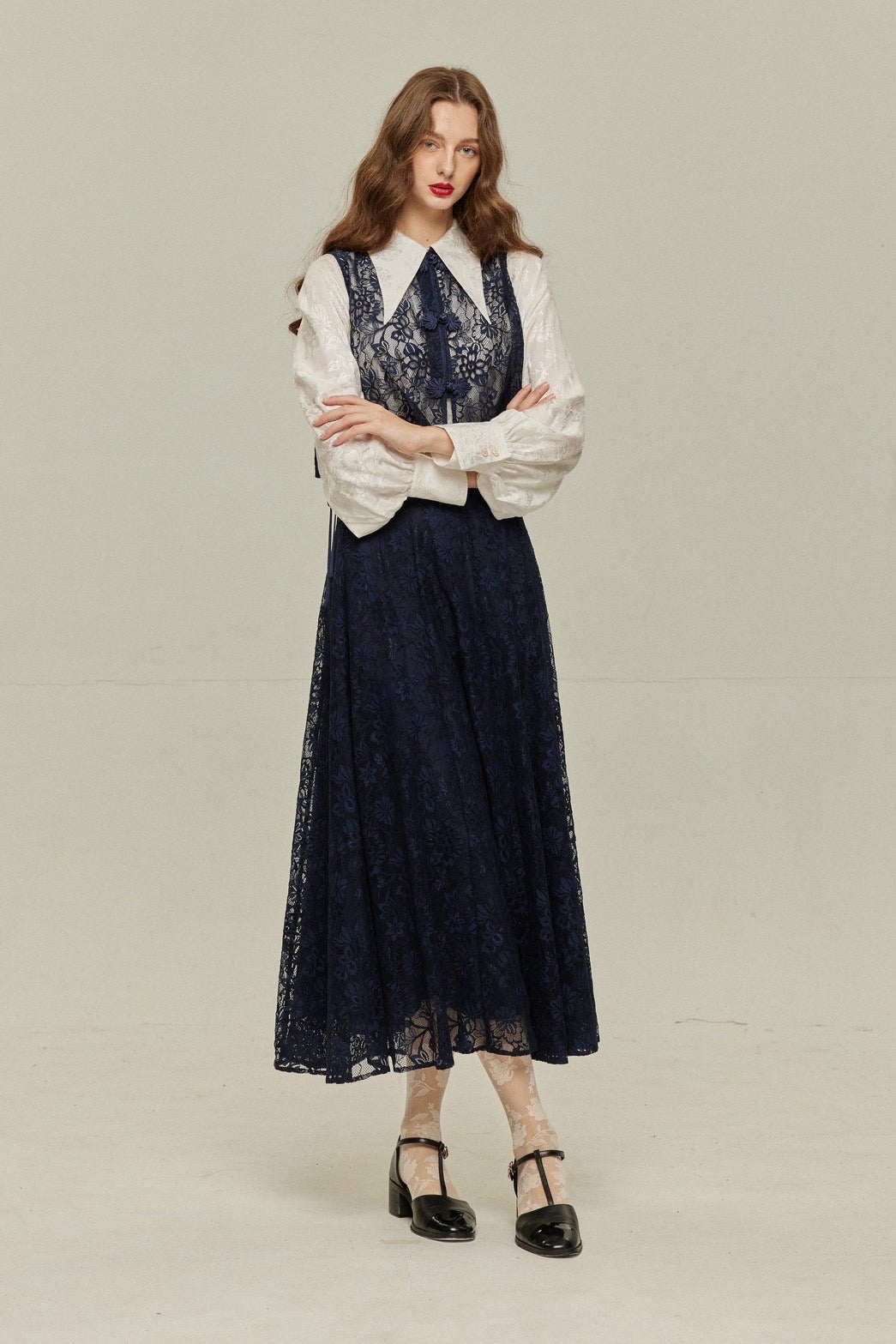 《100年も前からある》チャイナバックルスリーブレストップス-Navy