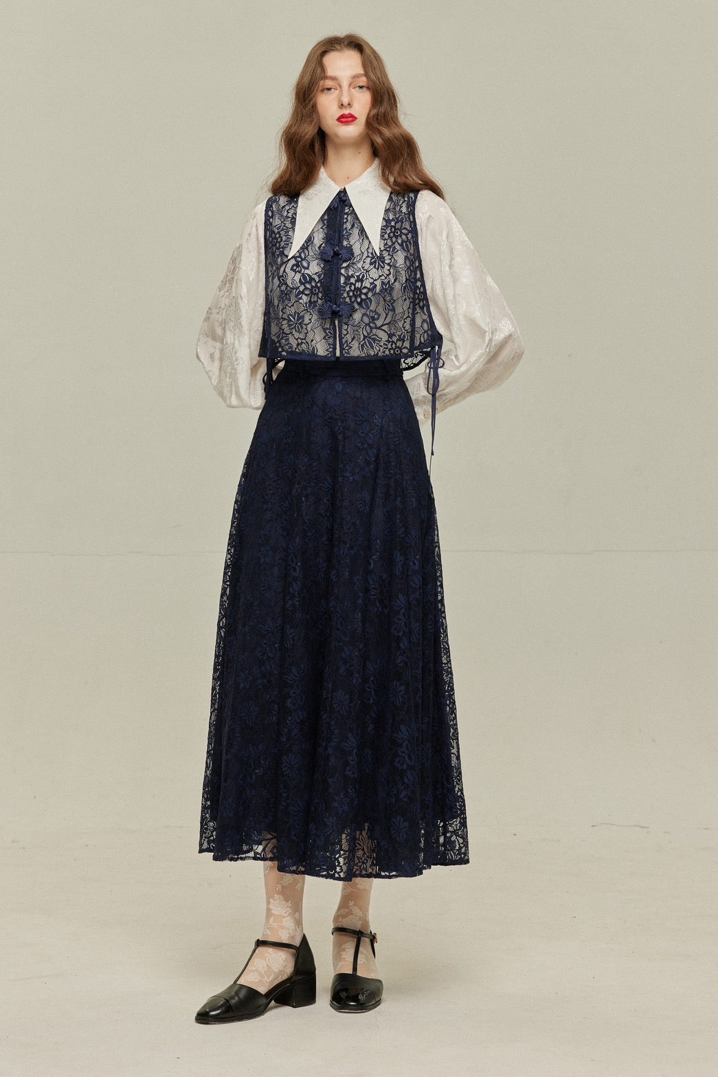 《100年も前からある》チャイナバックルスリーブレストップス-Navy