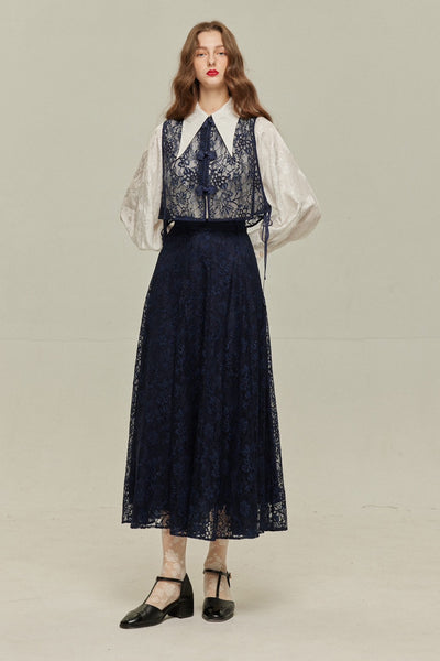 《100年も前からある》チャイナバックルスリーブレストップス-Navy