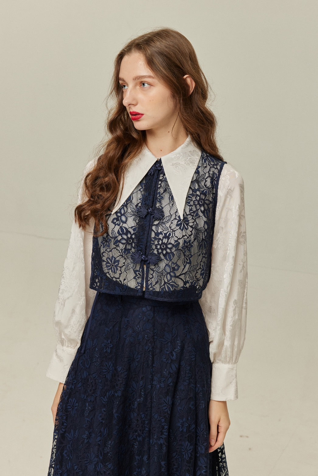 《100年も前からある》チャイナバックルスリーブレストップス-Navy