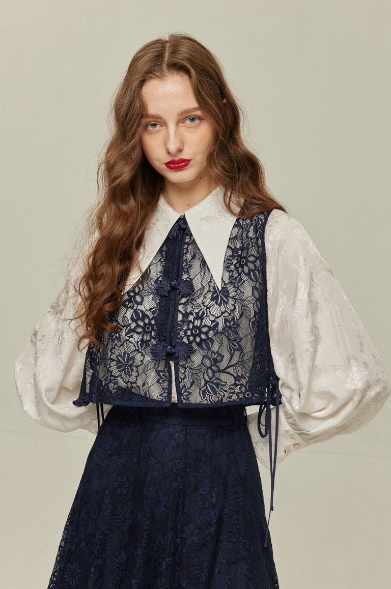《100年も前からある》チャイナバックルスリーブレストップス-Navy