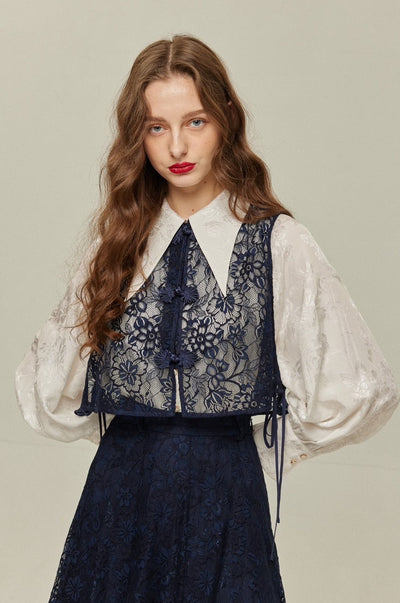 《100年も前からある》チャイナバックルスリーブレストップス-Navy