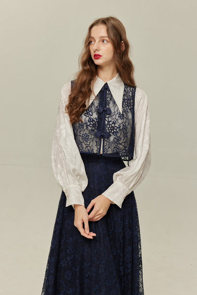 《100年も前からある》チャイナバックルスリーブレストップス-Navy