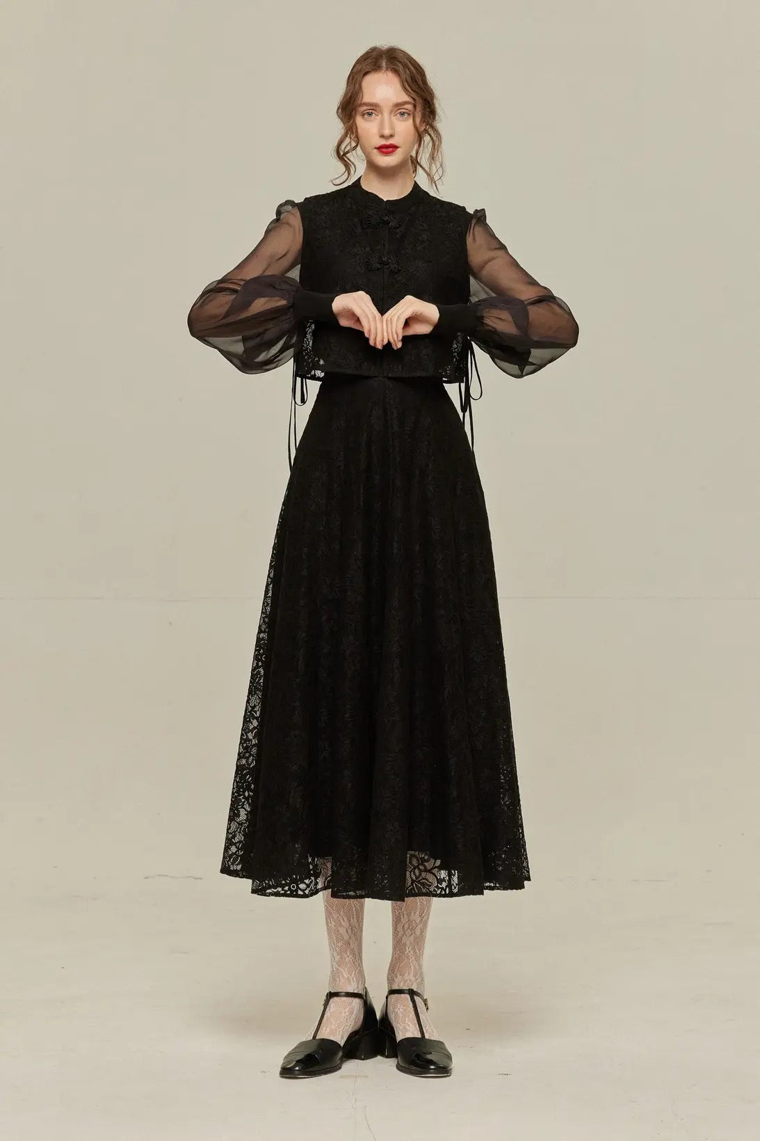 《100年も前からある》チャイナバックルスリーブレストップス-Black