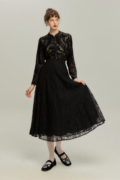 《茶葉でも占えます》チャイナバックルベルベットトップス-Black