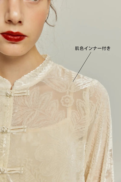《茶葉でも占えます》チャイナバックルベルベットトップス-White
