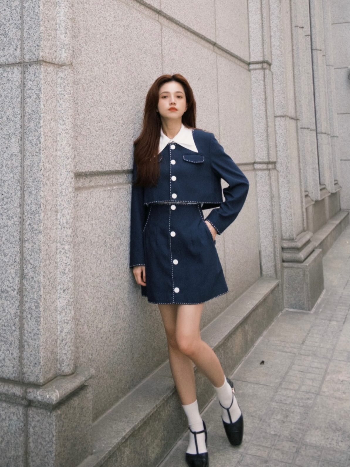 "Helen Doesn't Eat Sweets" Cropped Jacket Navy 着用例 159cm
      トップスS、ボトムスS着用