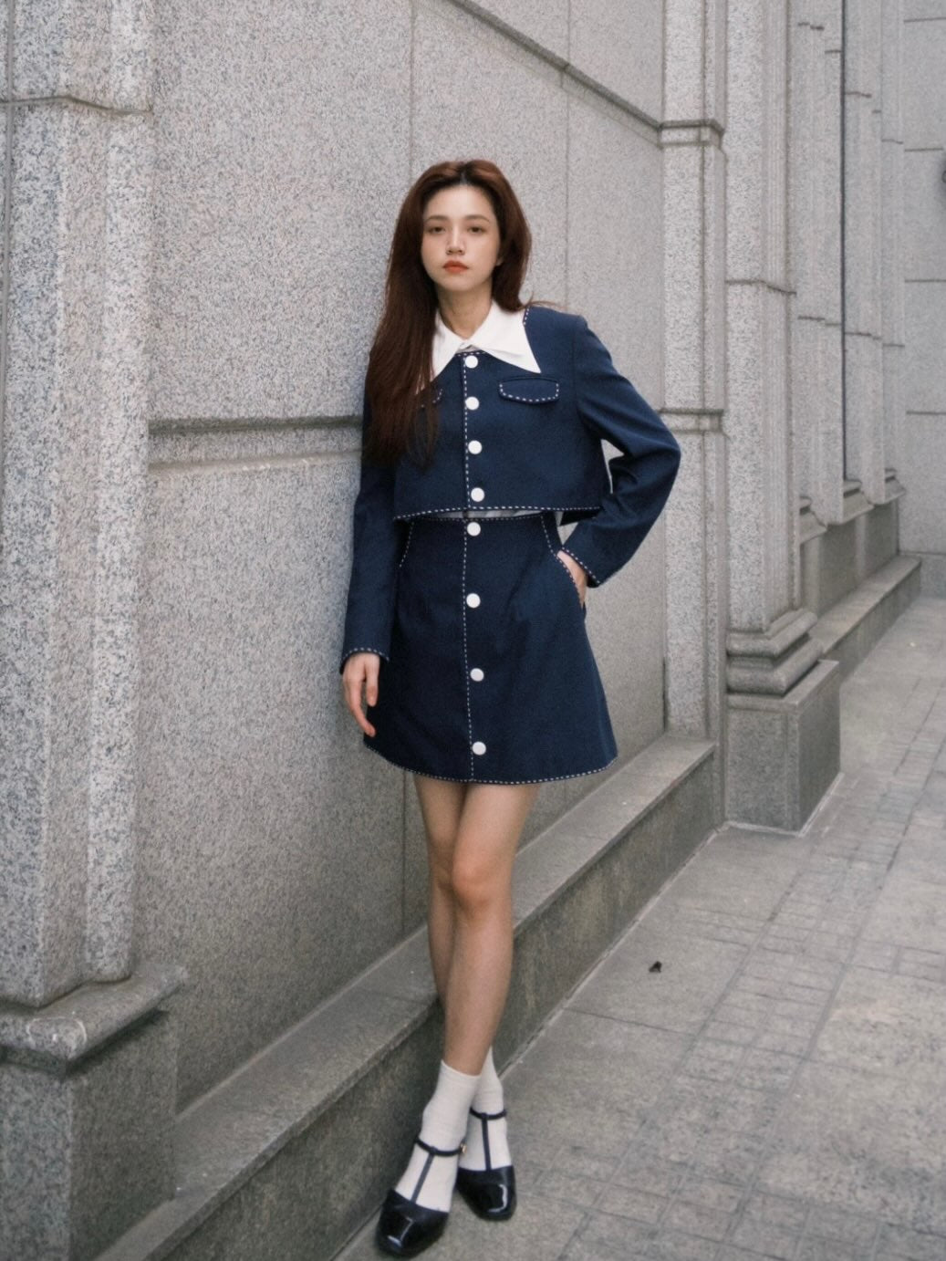 "Helen Doesn't Eat Sweets" Cropped Jacket Navy 着用例 159cm
      トップスS、ボトムスS着用