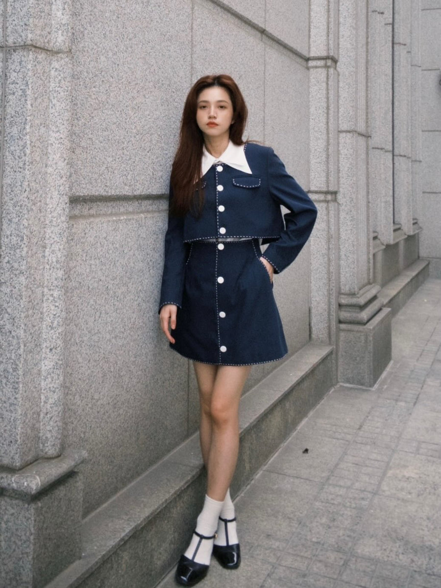 "Helen Doesn't Eat Sweets" Cropped Jacket Navy 着用例 159cm
      トップスS、ボトムスS着用
