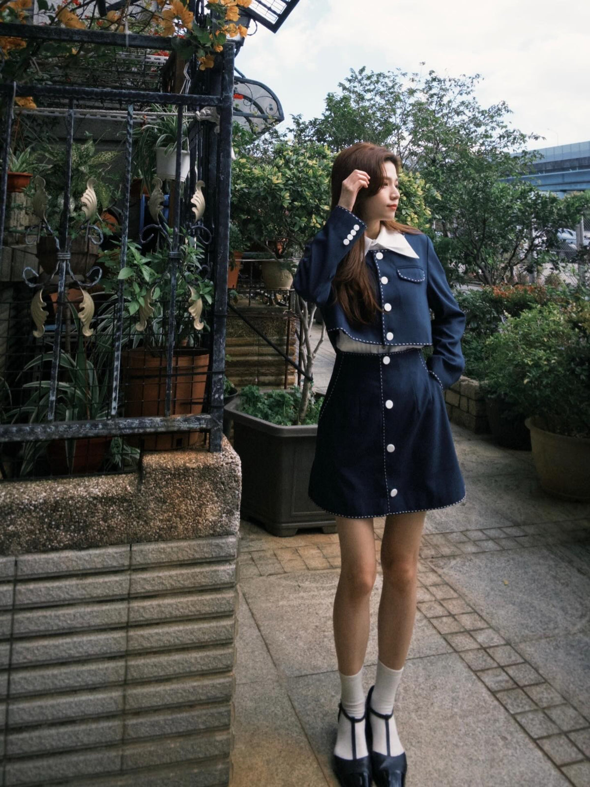 "Helen Doesn't Eat Sweets" Cropped Jacket Navy 着用例 159cm
      トップスS、ボトムスS着用