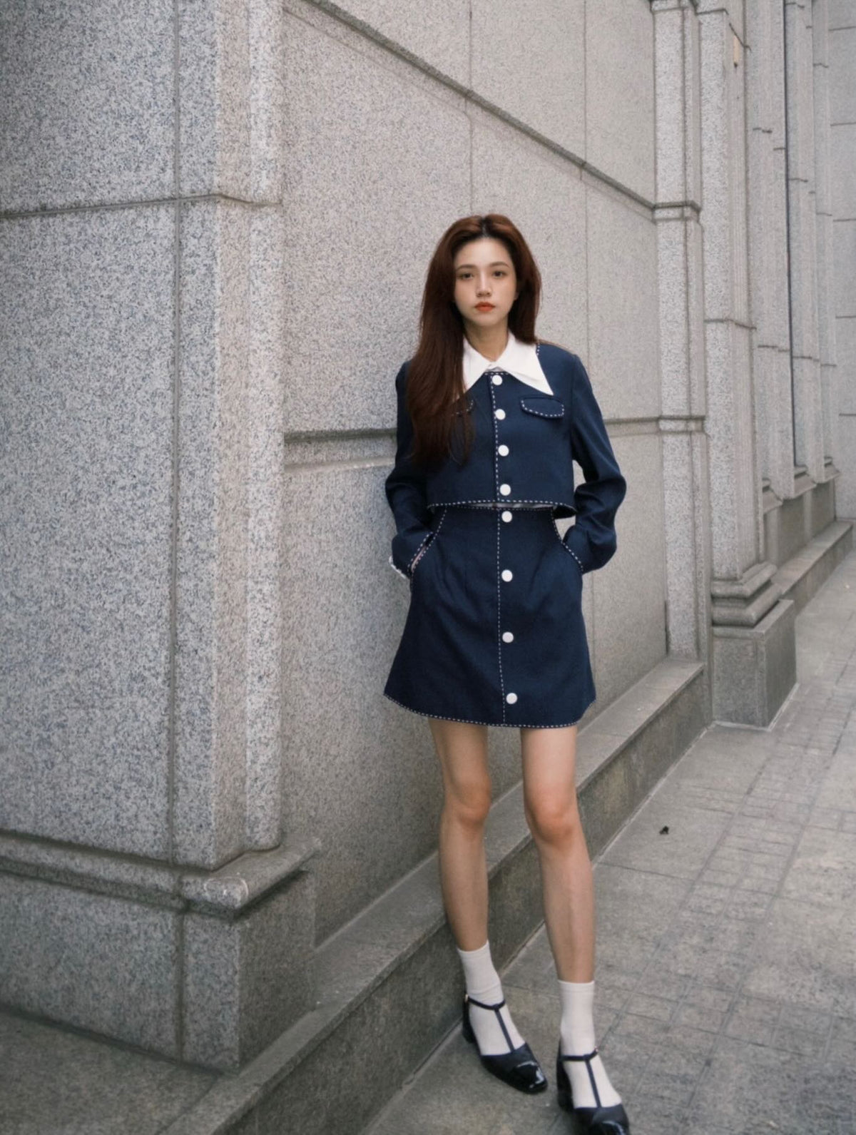 "Helen Doesn't Eat Sweets" Cropped Jacket Navy 着用例 159cm
      トップスS、ボトムスS着用