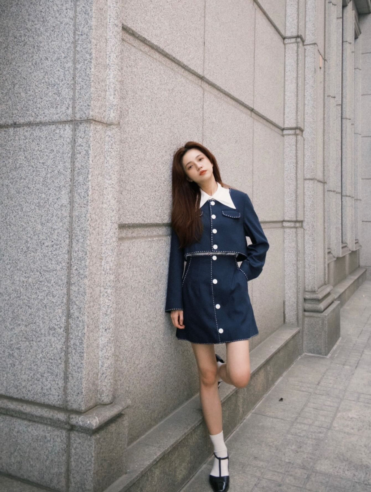 "Helen Doesn't Eat Sweets" Cropped Jacket Navy 着用例 159cm
      トップスS、ボトムスS着用