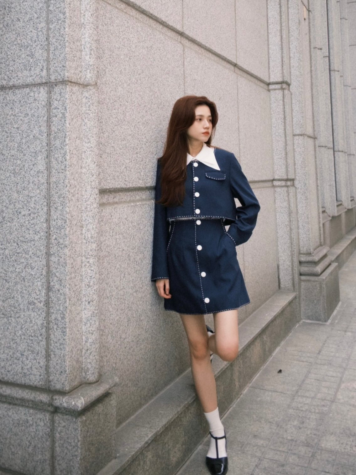 "Helen Doesn't Eat Sweets" Cropped Jacket Navy 着用例 159cm
      トップスS、ボトムスS着用