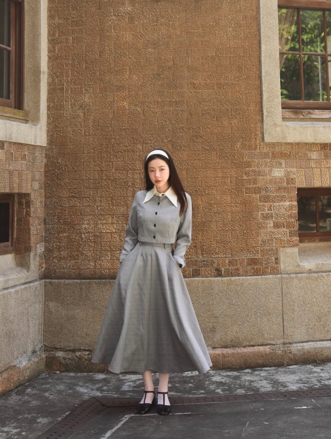 [I took a bite] High waist circular skirt - Houndstooth check 着用例 156cm
      トップスS、ボトムスS着用