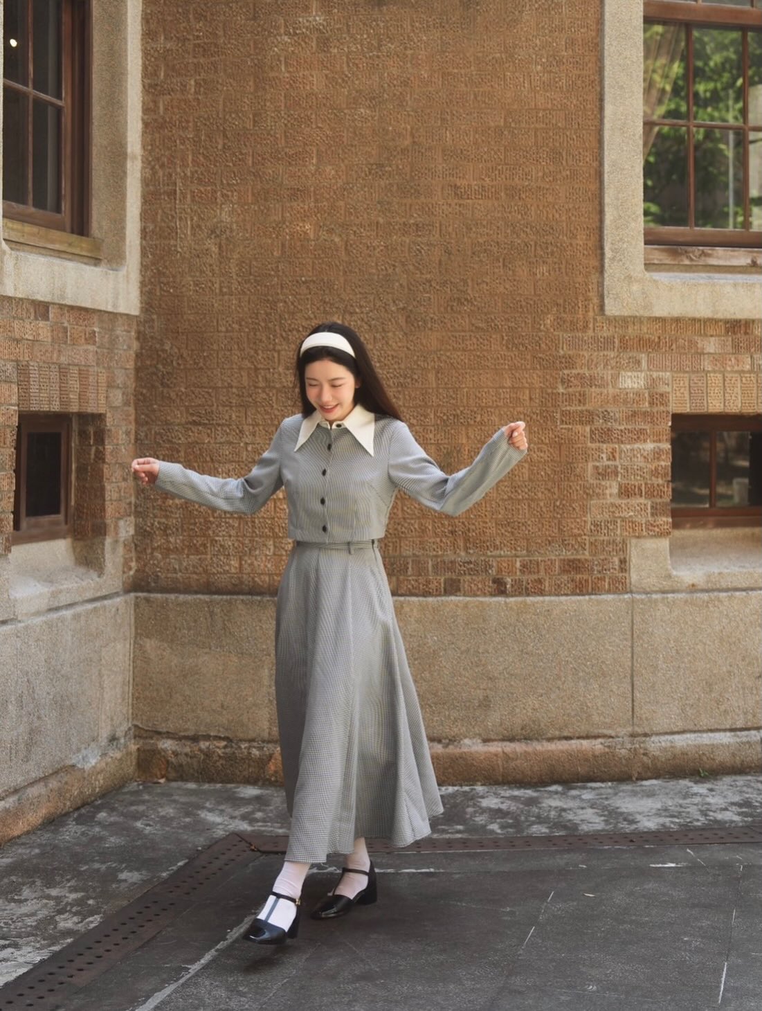 [I took a bite] High waist circular skirt - Houndstooth check 着用例 156cm
      トップスS、ボトムスS着用