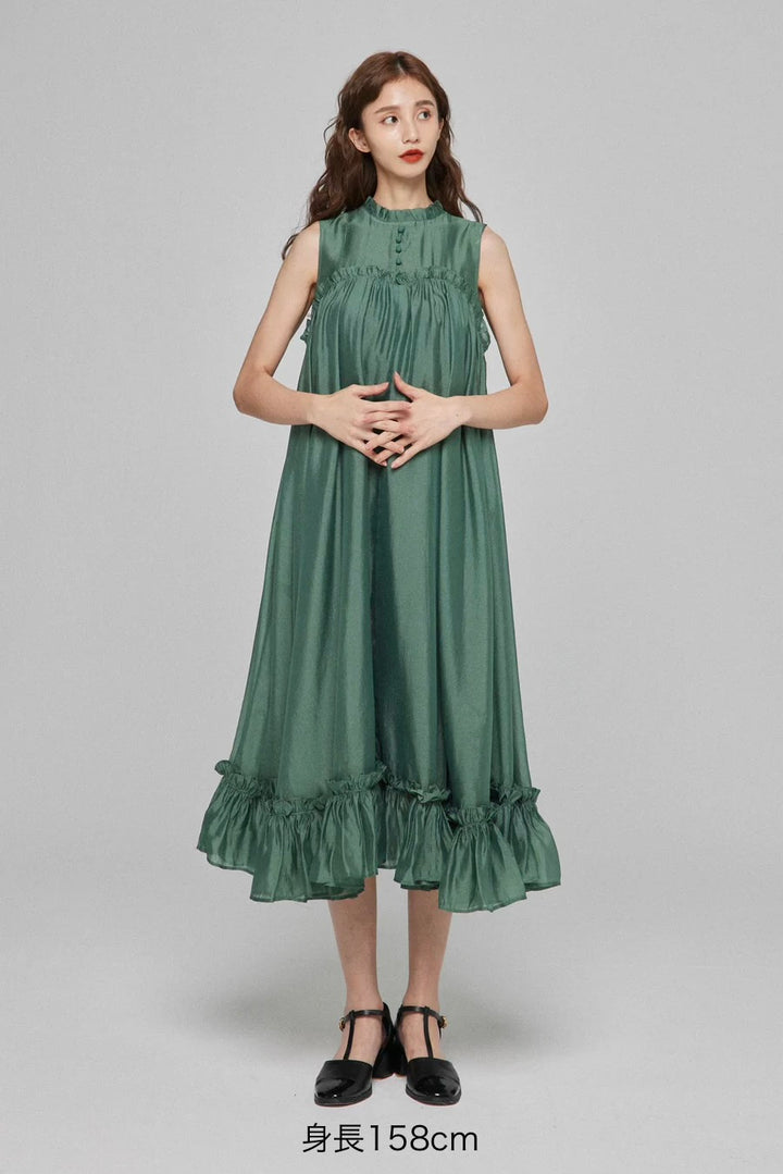 [On the sparkling lake surface] Ruffle trim dress-Dark green