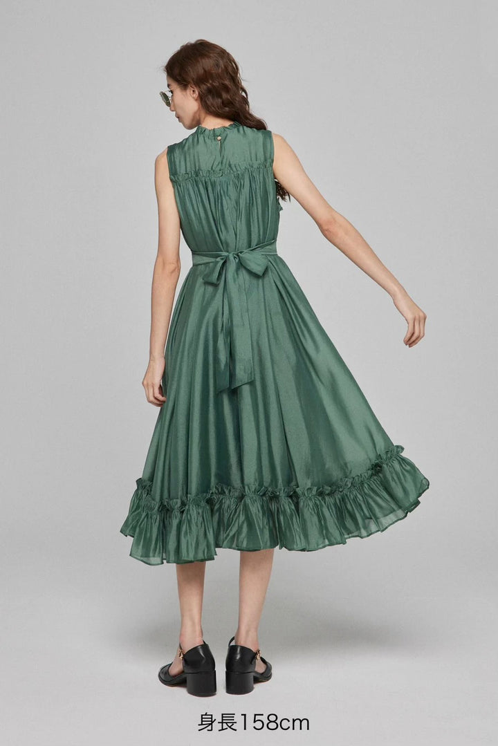[On the sparkling lake surface] Ruffle trim dress-Dark green