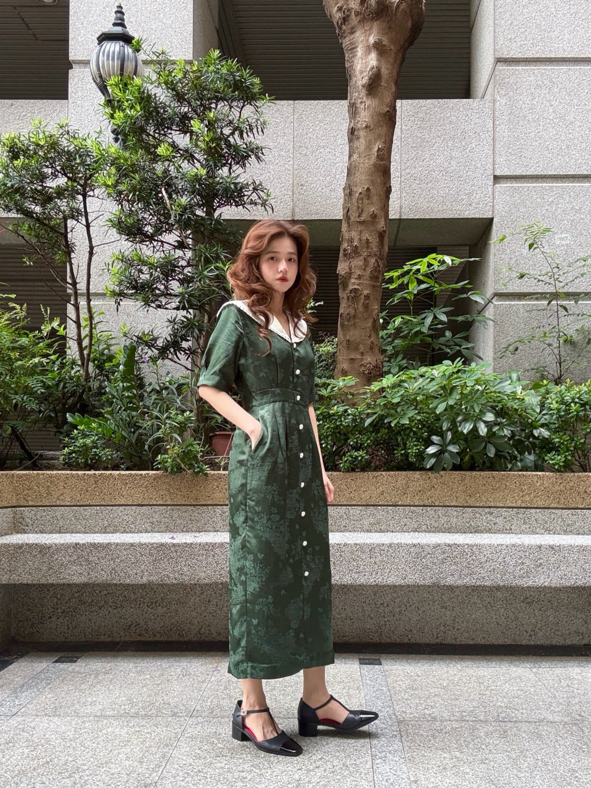 《How many baozi are in a basket? 》Lace trim jacquard dress-Black 着用例 159cm
      ドレスS着用