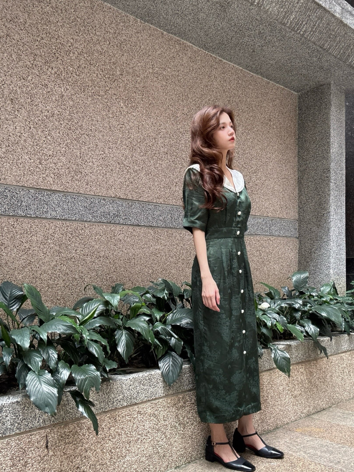 《How many baozi are in a basket? 》Lace trim jacquard dress-Black 着用例 159cm
      ドレスS着用