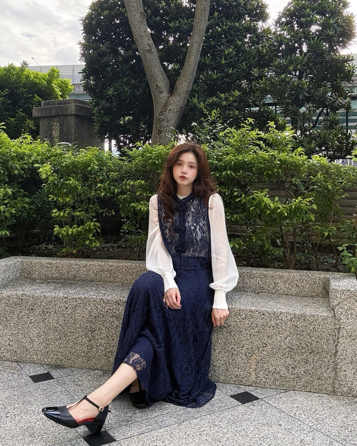 《100년도 전부터 있다》 차이나버클 슬리브레스 탑스-Black 着用例 159cm
      トップスS、ボトムスS着用
