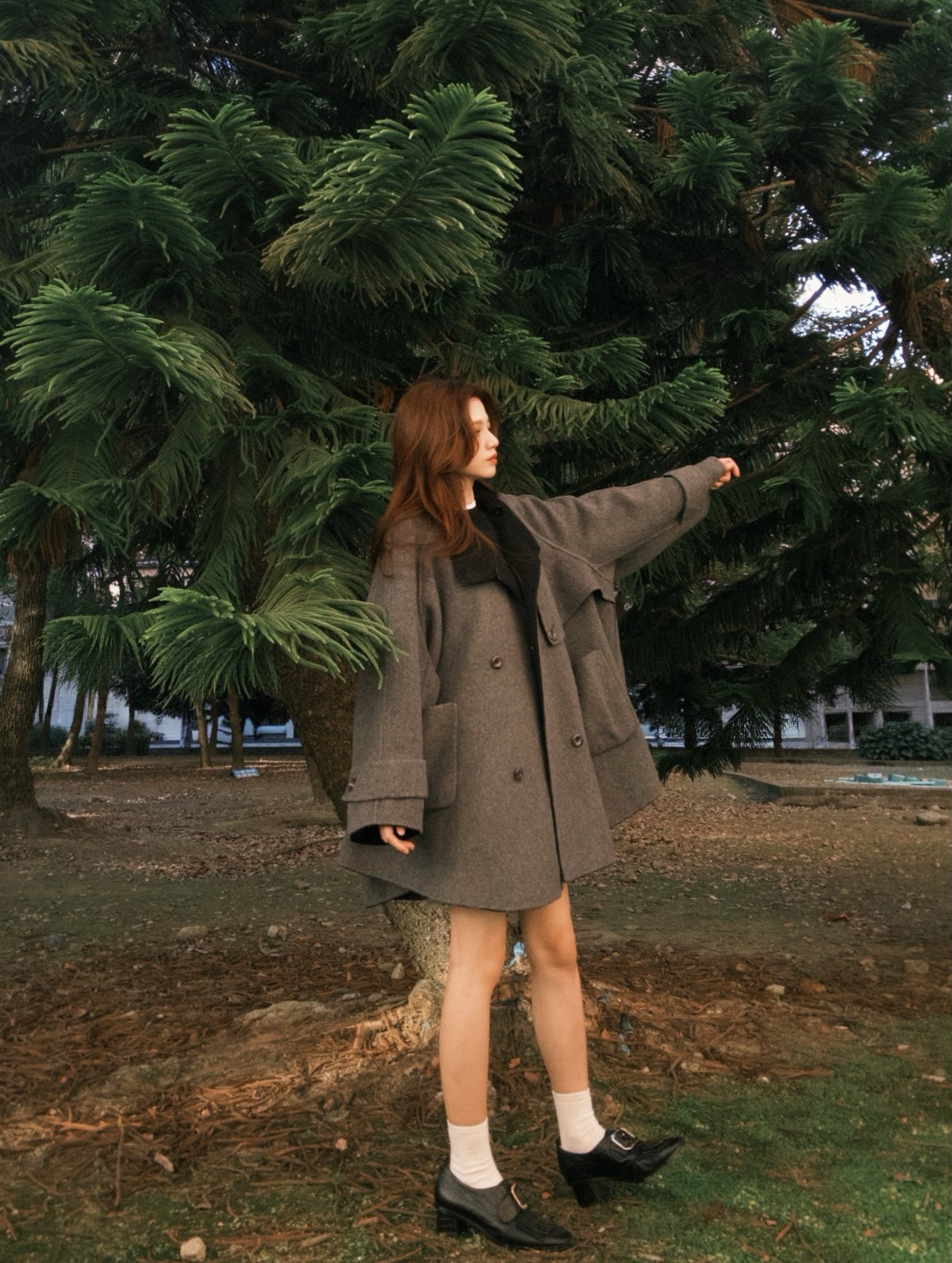 《Are you eating frozen food again? 》2way collar wool blend coat-Gray 着用例 159cm
      アウターS着用