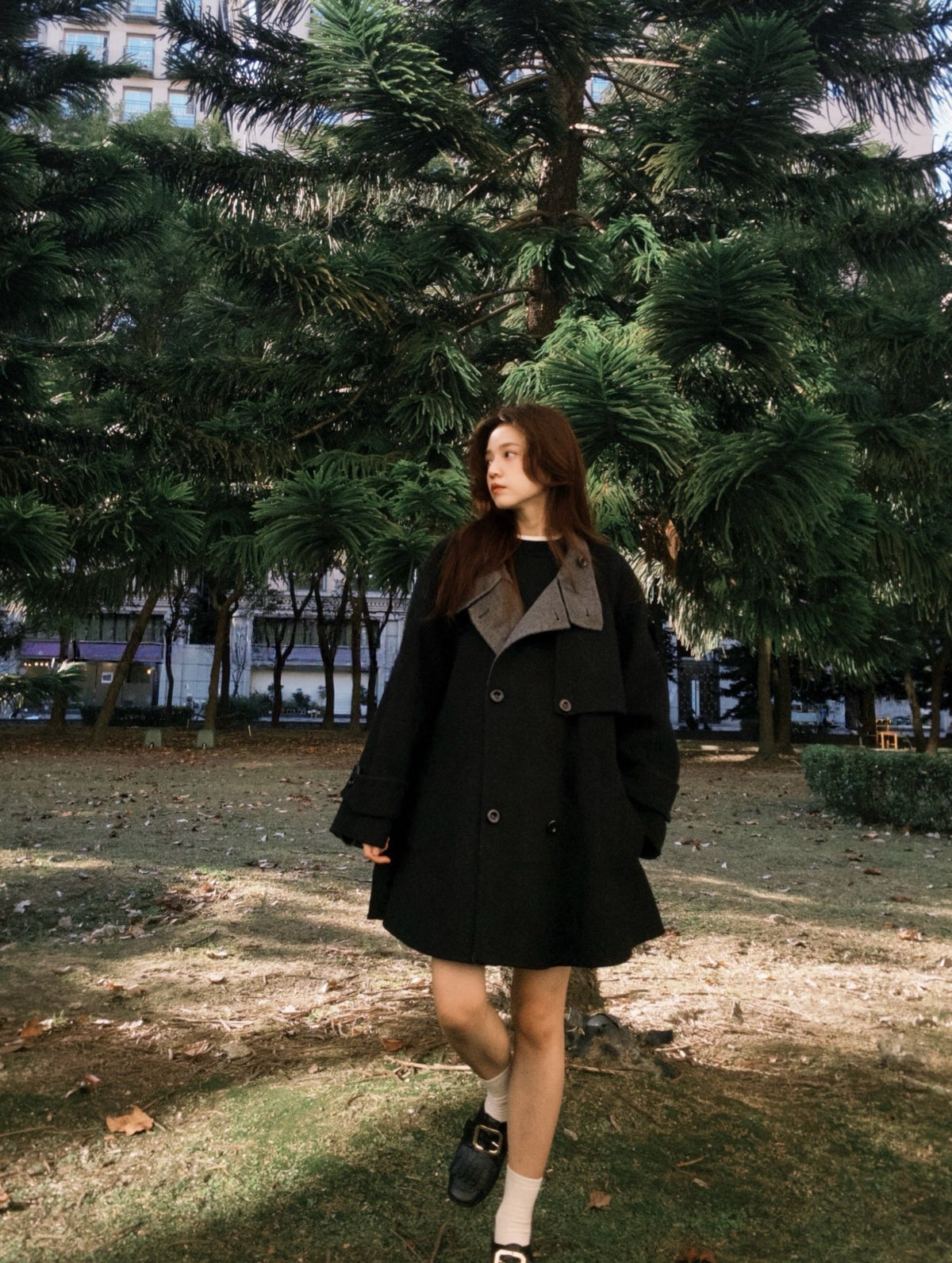 《Are you eating frozen food again? 》2way collar wool blend coat-Gray 着用例 159cm
      アウターS着用