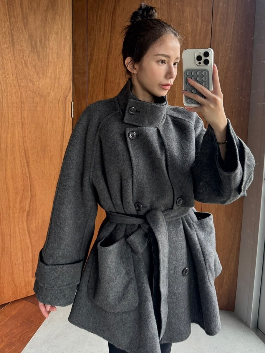 《Are you eating frozen food again? 》2way collar wool blend coat-Gray 着用例 158cm
      アウターS着用