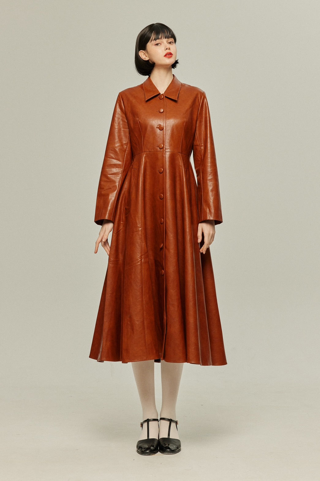 [I started seeing hallucinations] Faux leather long dress coat-Brown