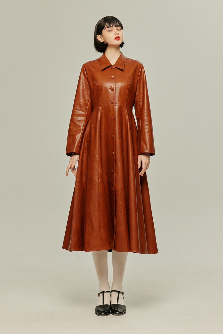 [I started seeing hallucinations] Faux leather long dress coat-Brown