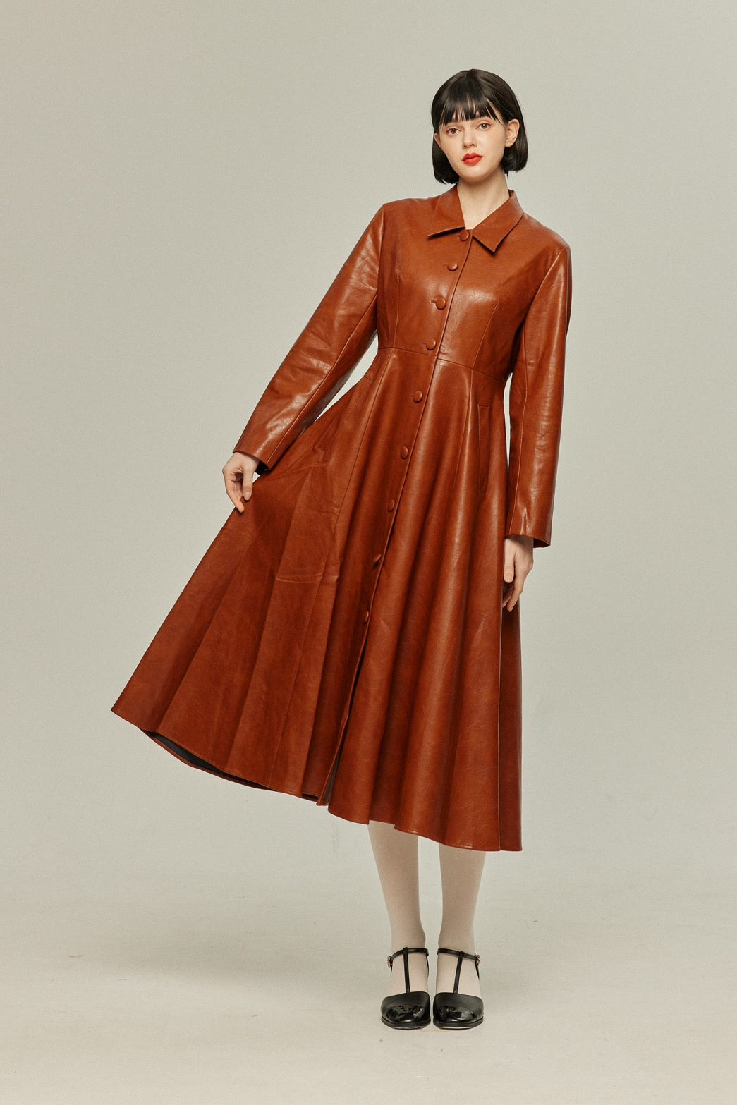 [I started seeing hallucinations] Faux leather long dress coat-Brown