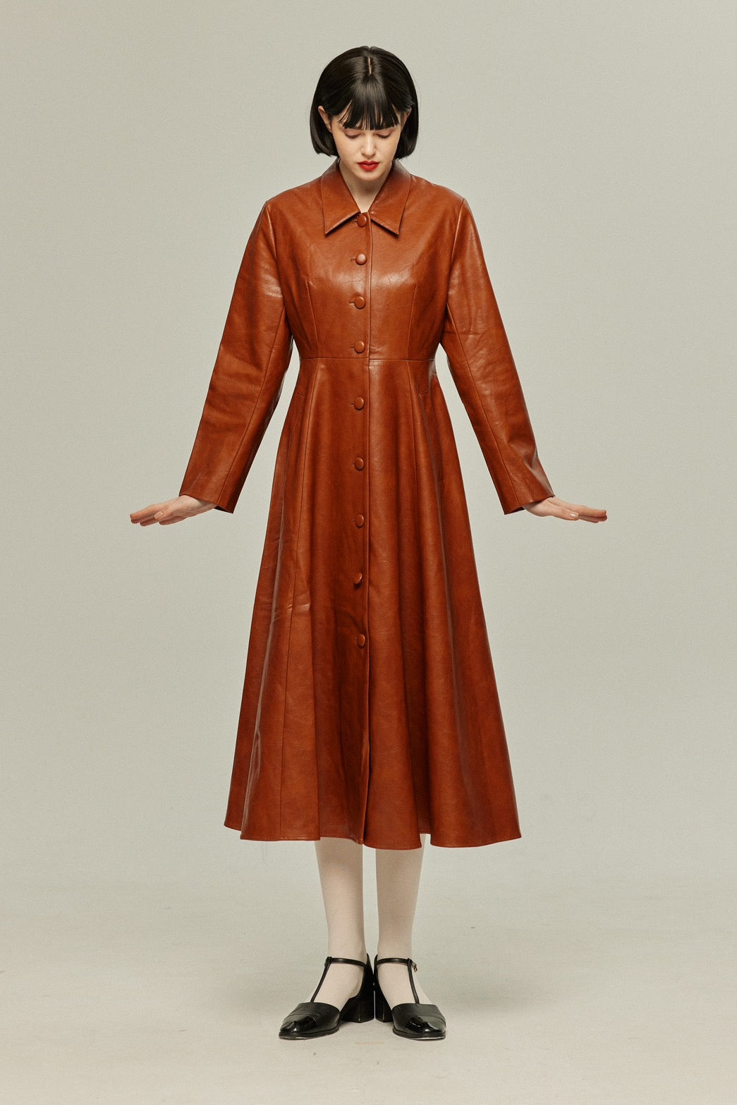 [I started seeing hallucinations] Faux leather long dress coat-Brown
