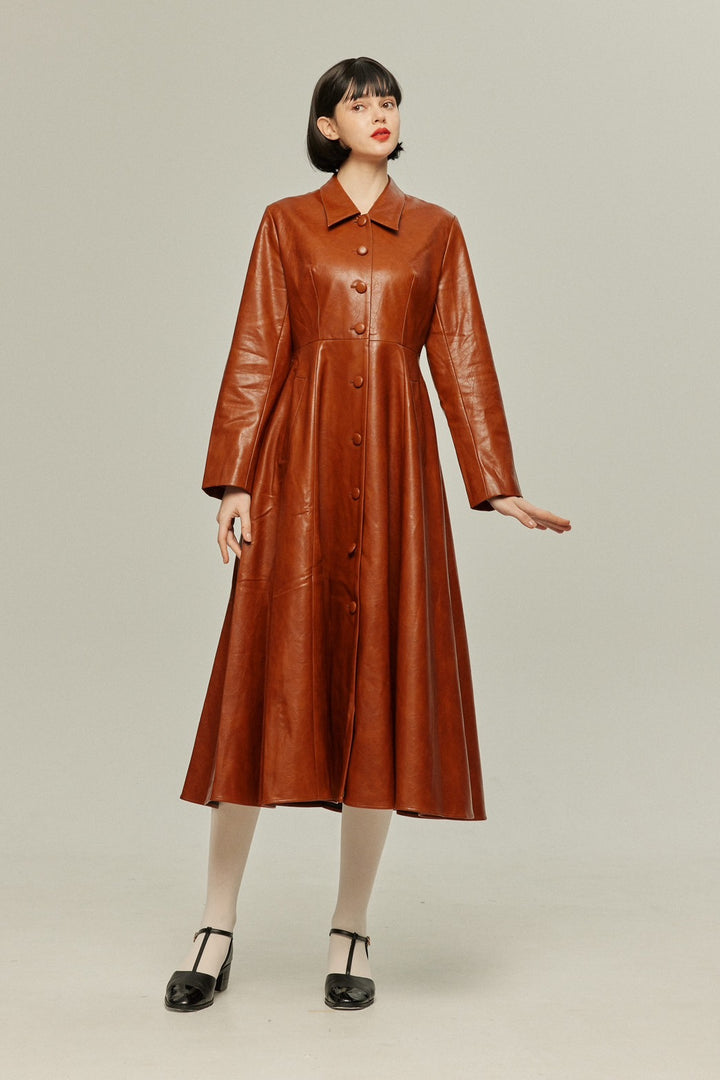 [I started seeing hallucinations] Faux leather long dress coat-Brown