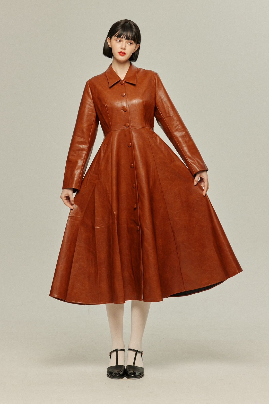 [I started seeing hallucinations] Faux leather long dress coat-Brown