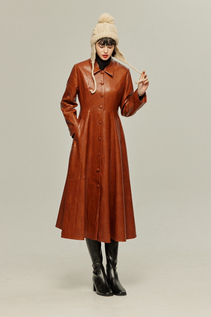 [I started seeing hallucinations] Faux leather long dress coat-Brown